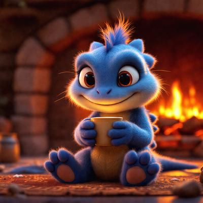 The primary subject of the image is a blue dragon sitting on the ground, holding a cup. The setting is a fireplace, with a fire burning in the background. The visual style is a digital art or illustration, creating a warm and cozy atmosphere. The dominant colors are blue and orange, with the blue dragon being the main focus of the image.